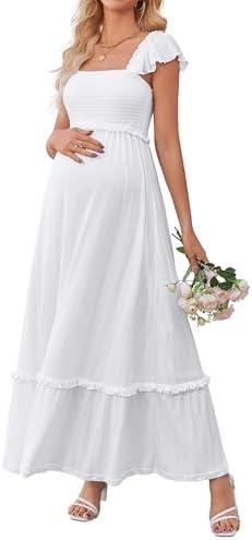 OUGES Womens 2026 Summer Maternity Photoshoot Dress Boho Maxi Smocked Baby Shower Dress Ruffle Sleeve Maternity Clothes S
