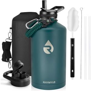RAYMYLO One Gallon Water Bottle Insulated, Triple Walled Vacuum Stainless Steel (Cold for 48 Hrs), Leak Proof & Non-BPA, Large Water Flask Jug with Paracord Handle & Straw Spout Lids