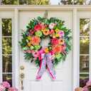 Spring Wreaths for Front Door 24 Inch Outdoor Spring Wreath with Pink Bow Handmade Peach Dahlia & Garden Rose Summer Wreaths for Front Door,Farmhouse Home,Porch,Wall,Window Decor