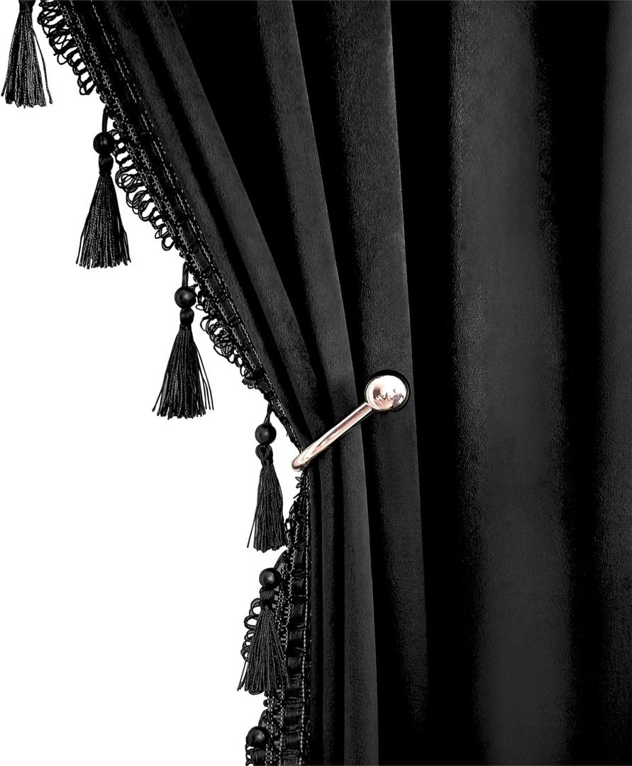 Fazhesici Black Blackout Velvet Curtains 90 inches Long Windows Rod Pocket Drapes with Tassels Soundproof Thermal Curtains for Living Room 2 Panels Set 52" x 90"
