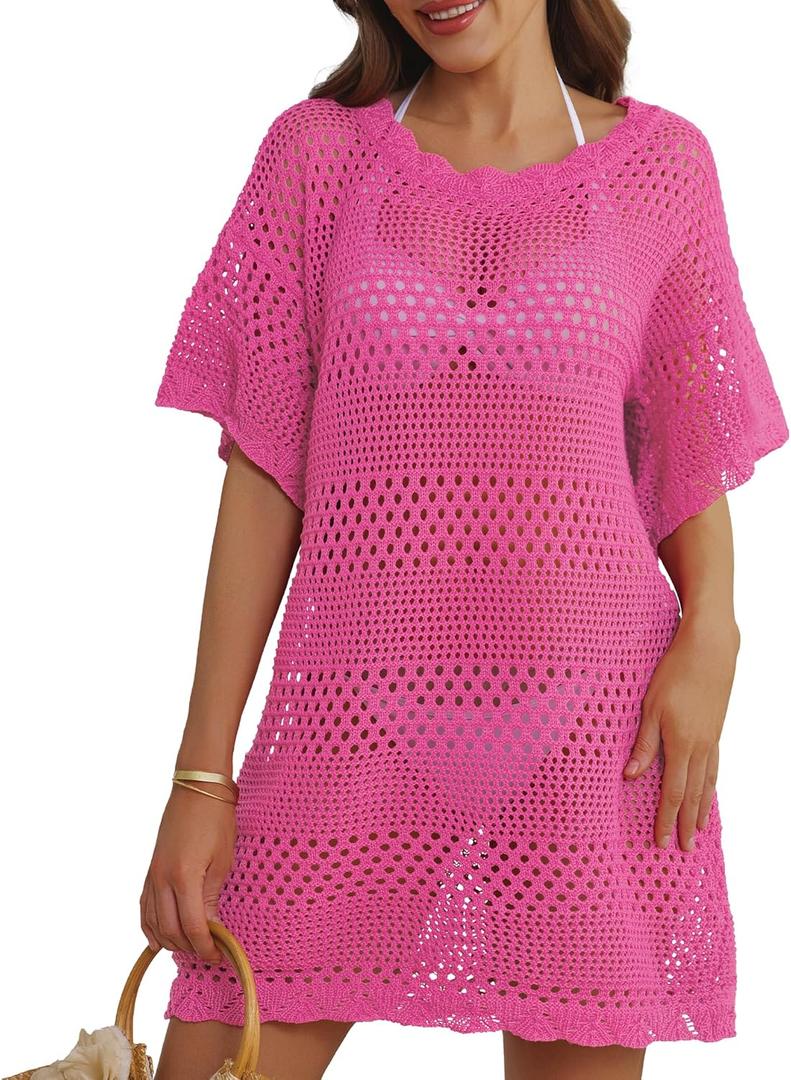 2 x Women Swimsuit Coverup Crochet Bathing Suit Beach Cover Ups Summer Knit Bikini Beachwear Pullover 2025 Swimwear Dress (Purple, M)