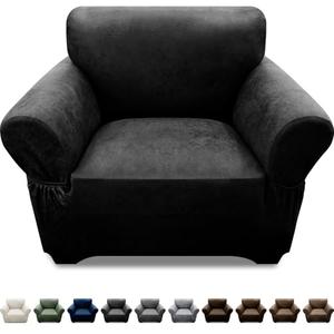 Pfrstuv Single Sofa Cover Leather Look Chair Covers for Living Room 1-Piece Sofa Chair Covers with Arms Stretch Furniture Protector with Elastic Bottom & Pockets(Armchair, Black)