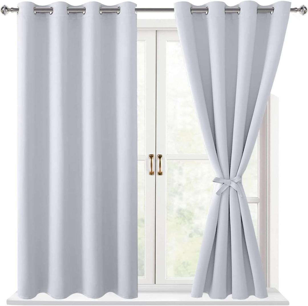 Hiasan Blackout Curtains for Bedroom - Thermal Insulated & Energy Saving Window Curtains for Living Room/Kids Room, 2 Drape Panels Sewn with Tiebacks, Greyish White, 52 x 45 Inch