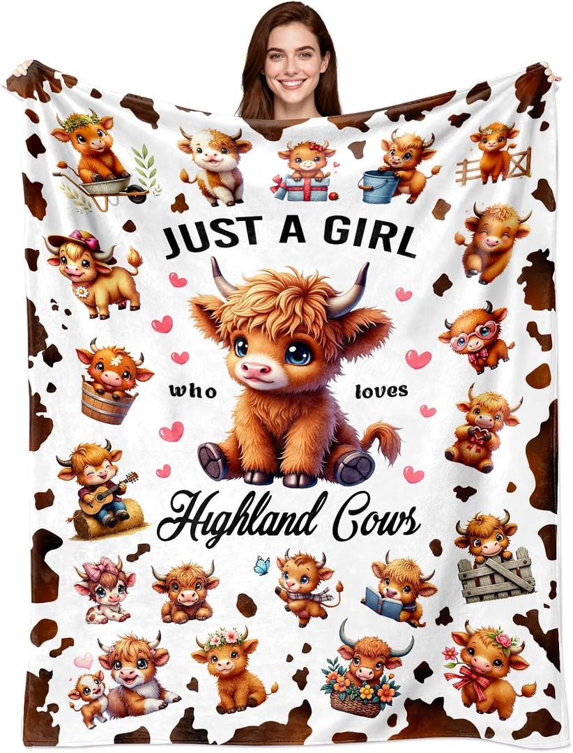 Highland Cow Blanket Gifts for Women Girls Ultra Soft Flannel Highland Cow Print Throw Blanket Cows Lovers Gifts Birthday Decor for Kids Adults Stuff 50"x40", 7 PCS Queen Flat Fitted Sheet