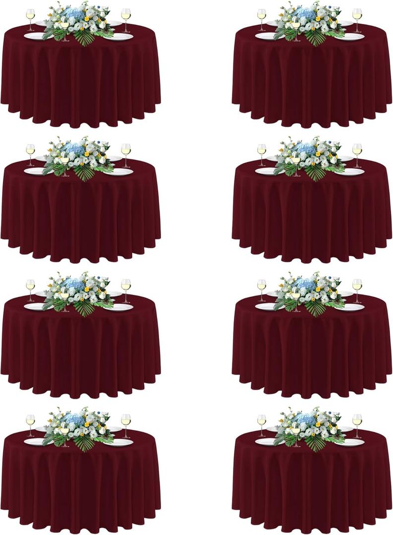 sancua Round Tablecloth 108 Inch Diameter, 8 Pack Burgundy - Circle Polyester Fabric Table Cloth for Chiristmas Party Reception Banquet Birthday, Washable Formal Table Cover (Fit 42-96 Inch Tables)
