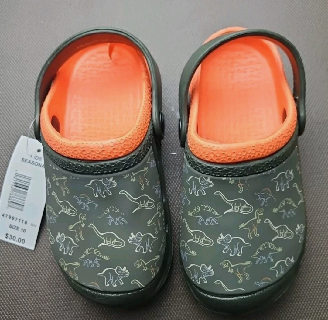 Dinosaur Orange Childrens Garden Clogs Slides Non-Slip Beach Pool, Size 10