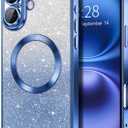 Hython for iPhone 16 Case Clear Magnetic Glitter Phone Cases [Compatible with MagSafe] Full Camera Lens Protector Slim Gradient Sparkle Luxury Plating Shockproof Protective Cover Women, Deep Blue