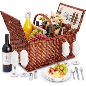 Juvale Wicker Picnic Basket Set for 4 with Utensils, Glasses, and Insulated Cooler Bag - Luxury Camping, Picnic Essentials and Outdoor Tableware for Family Gatherings