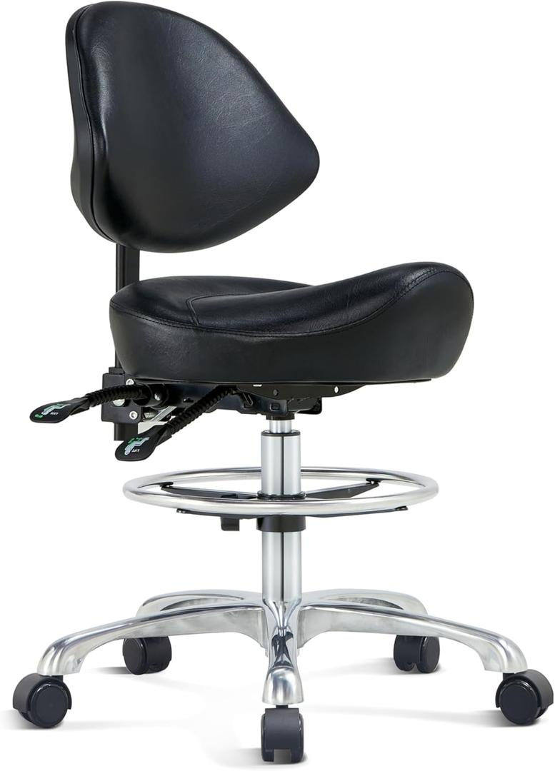 Saddle Chair Rolling Saddle Stool with Back Support, Esthetician Chair Ergonomic Saddle Chair for Dental Hygienist, Medical, Salon (with Back, Black)