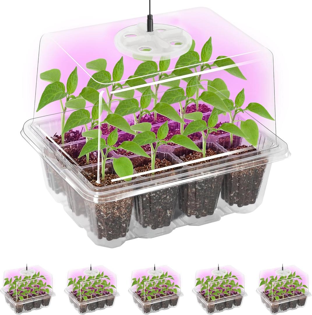 Bonviee 5 Packs Seed Starter Tray with Grow Light, Elevated Seedling Starter Trays Kits with Adjustable Humidity Domes and Clear Cell Tray, 12 Full Spectrum LED Lamp Beads for Plants Indoor-Clear
