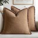 MIULEE Decorative Throw Pillow Covers Neutral Linen Fringe Throw Pillows Euro Shams Set of 2 Brown Boho Farmhouse Cushion Covers for Couch Sofa Bed Living Room Spring Home Decor 22x22 Inch