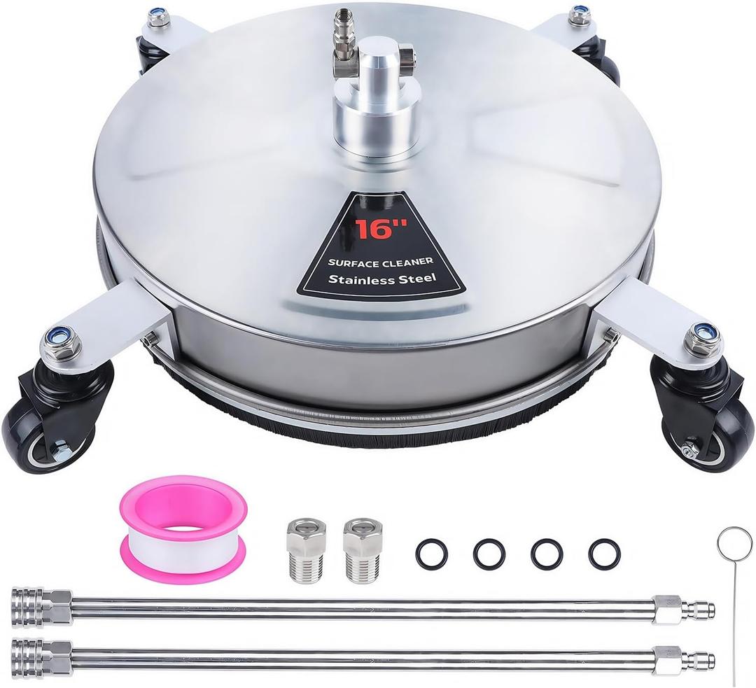 Biswing 16" Pressure Washer Stainless Steel Surface Cleaner with 4 Wheels & 1/4" Quick Connector, Power Washer Attachment with 2 Extension Wands, 2 Replacement Nozzles, 4000 PSI