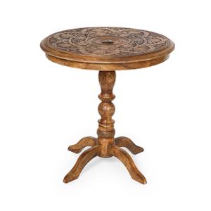 Lightnpro Hand-Carved Wooden Round Table for Thanksgiving Chritsmas Decor, Pillar Design for Living Room, Bedroom & Hallway End, Altar & Farmhouse Coffee Table - 24 Inch - Burnt Finish
