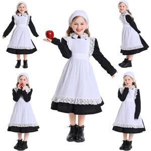 Girls Colonial Dress Kids Pioneer Costume Prairie Bonnet Hat Pilgrim Apron Cosplay Accessories Full Set, Medium