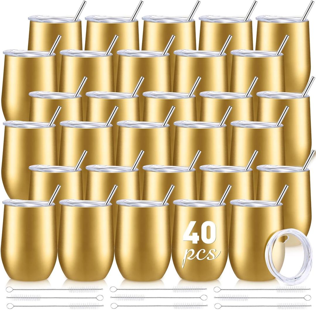 Sieral 40 Pack Insulated Wine Tumblers Bulk 12oz Stainless Steel Wine Cups with Lids & Straws, Double Wall Vacuum Coffee Tumbler for Wedding Party, Employee Teacher Nurse Gifts(Champagne Gold)