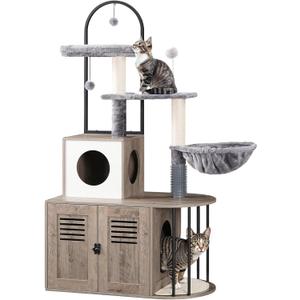 HOOBRO Cat Tree with Litter Box Enclosure, Arched All-in-One 31.5" Cat Tower with Hidden Litter Box Furniture for Indoor Cats, Versatile Cat Condo with Sisal Posts, Hammock, Greige and Gray BG45MZ03