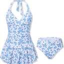 7-16 Years Teen Girl Swimsuit Halter Neck Two Piece Cover Up Skirt Bathing Suit Beach Swimwear for Girls (White, XS)