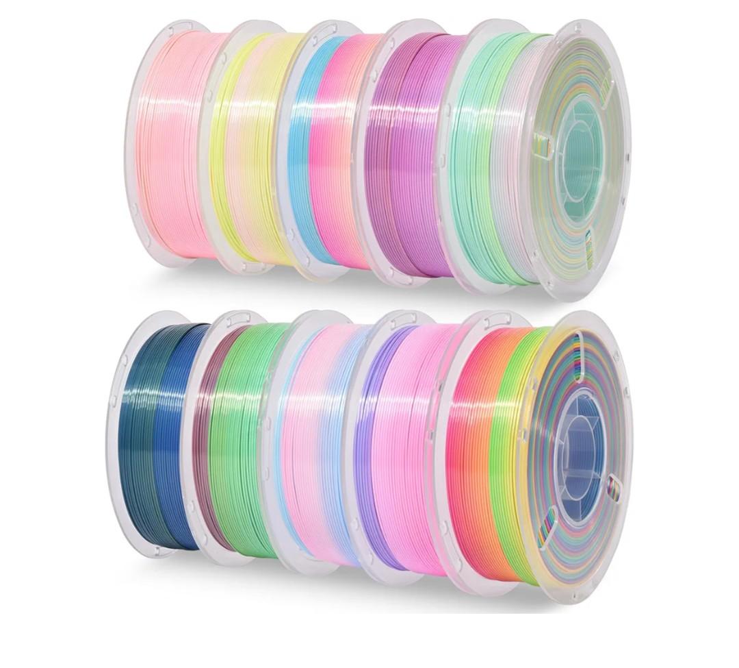 Silk Rainbow PLA 3D Printer Filament, 10 Rolls,1KG Spool (2.2lbs) 1.75mm 3D Printing Multicolor Gradient Filament Bundle for Most FDM 3D Printers,10 Different Silk Rainbow Colors, 10 PCSx1Kg