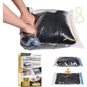 Cozy Essential Compression Bags for Travel - Travel Essentials - 12 Pack Space Saver Plastic Packaging Bags - No Vacuum Needed - Compression Packing Bags for Cruise Accessories