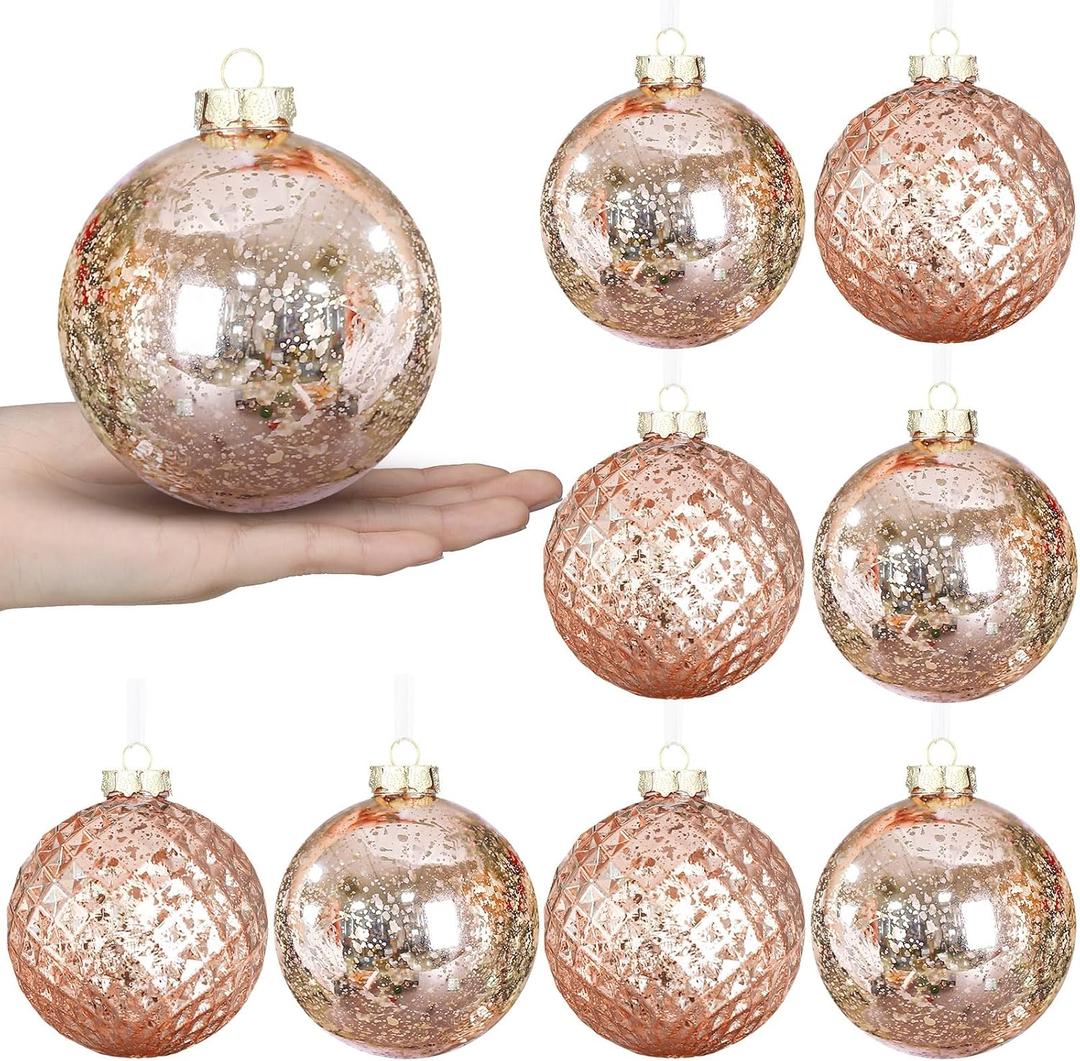 Syhood 8 Pcs 4" Large Christmas Balls Ornaments Shatterproof Christmas Tree Vintage Mercury Finish Plastic Balls Hanging Decorations for Xmas Trees Wedding Party Holiday Decorations(Rose Gold)