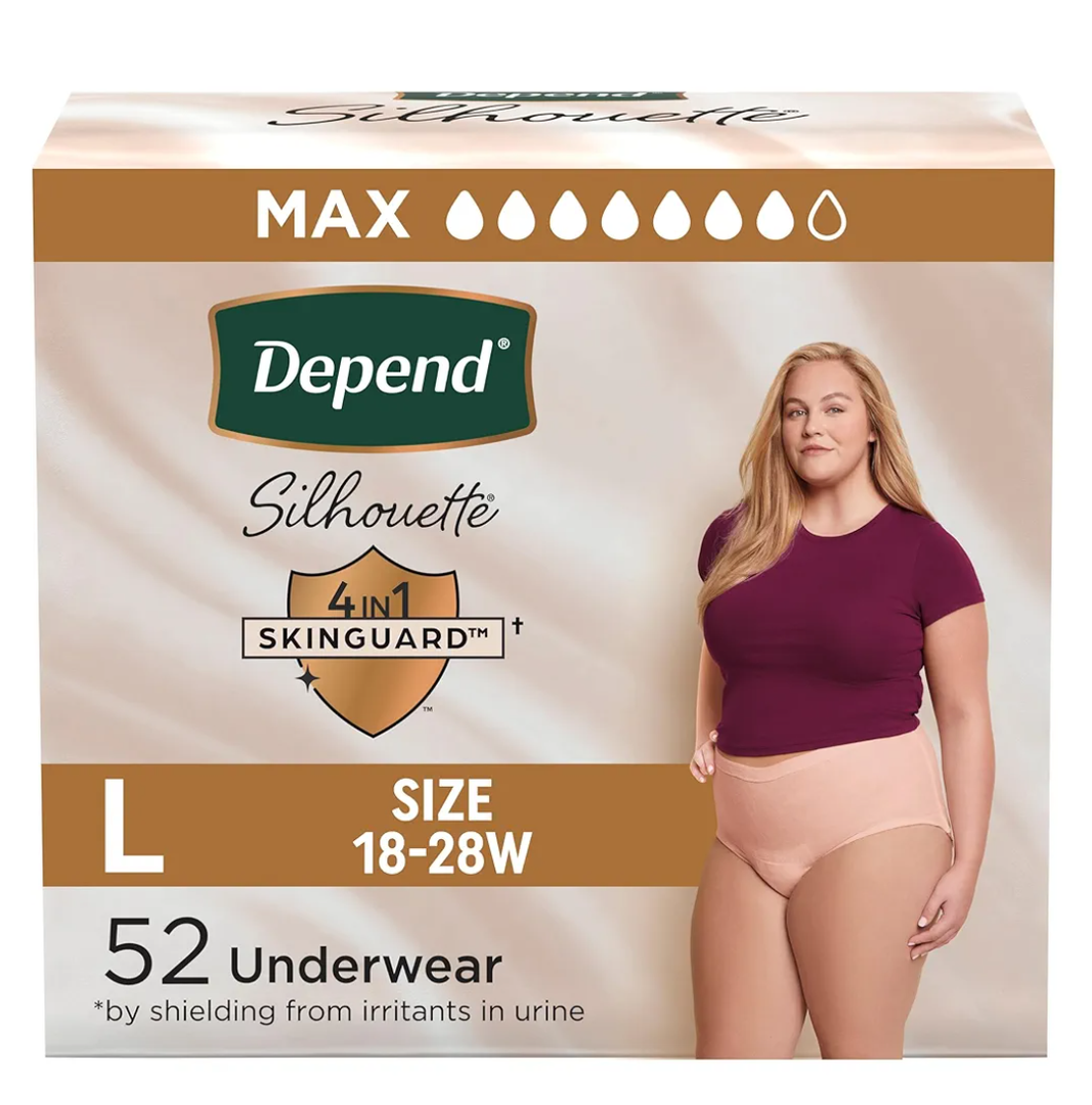 Depend Silhouette Adult Incontinence & Postpartum Bladder Leak Underwear for Women, Maximum Absorbency, Large, Pink, 52 Count (2 Packs of 26), Packaging May Vary