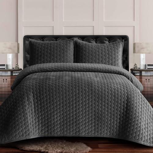 Tribeca Living Velvet King Quilt Set - Three-Piece Lugano Honeycomb Stitch Bedding, Super Soft 260GSM Velvet, Oversized Quilt and Two Sham Pillowcases, Smoke Grey