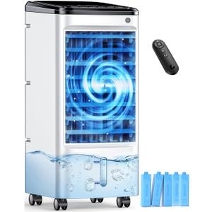 Windowless Air Conditioner with 5 Ice Packs, 3 Modes & 3 Speeds Swamp Cooler Air Conditioner, 12H Timer, 4L Tank for 24H Cooling, Remote, Dual Tank Portable Air Conditioners No Windows Needed