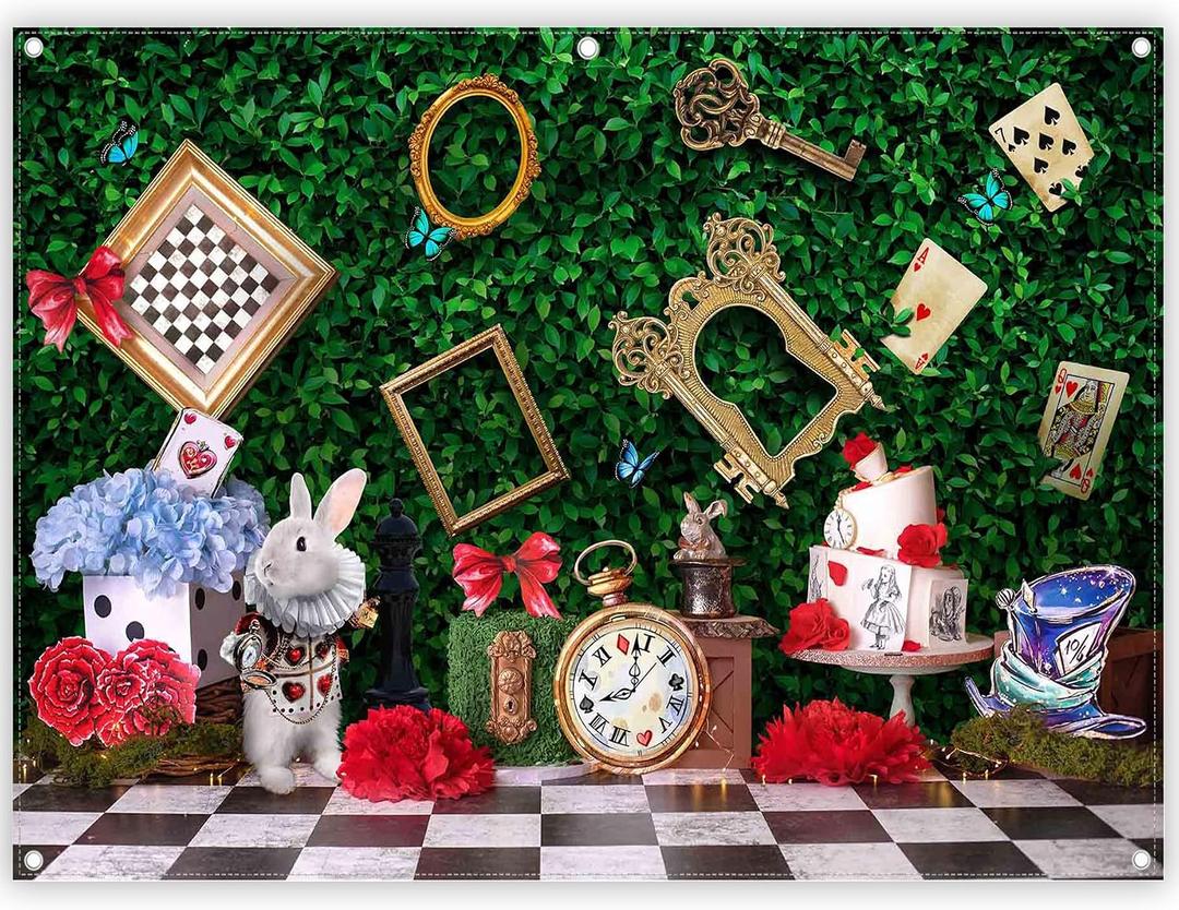 8x6ft Fabric Wonderland Enchanted Tea Party Photography Backdrop Kids Fairy Tale Green Grass Birthday Background Checkerboard Rabbit Photo Tapestry Props
