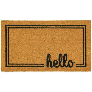 mDesign Rectangular Coir and Rubber Entryway Welcome Doormat with Natural Fibers for Indoor or Outdoor Use - Decorative Script Hello Design - Natural/Black (30 x 17, Natural Border Hello)