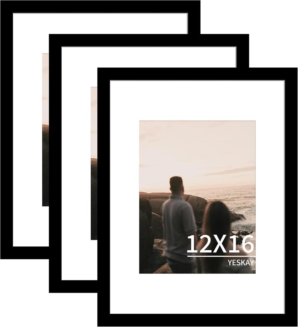 YESKAY 12x16 Picture Frame 3 Pack - Black Poster Frame Display Pictures 8.5x11 with Mat or 12 x 16 Without Mat for Wall Hanging Horizontal and Vertical
