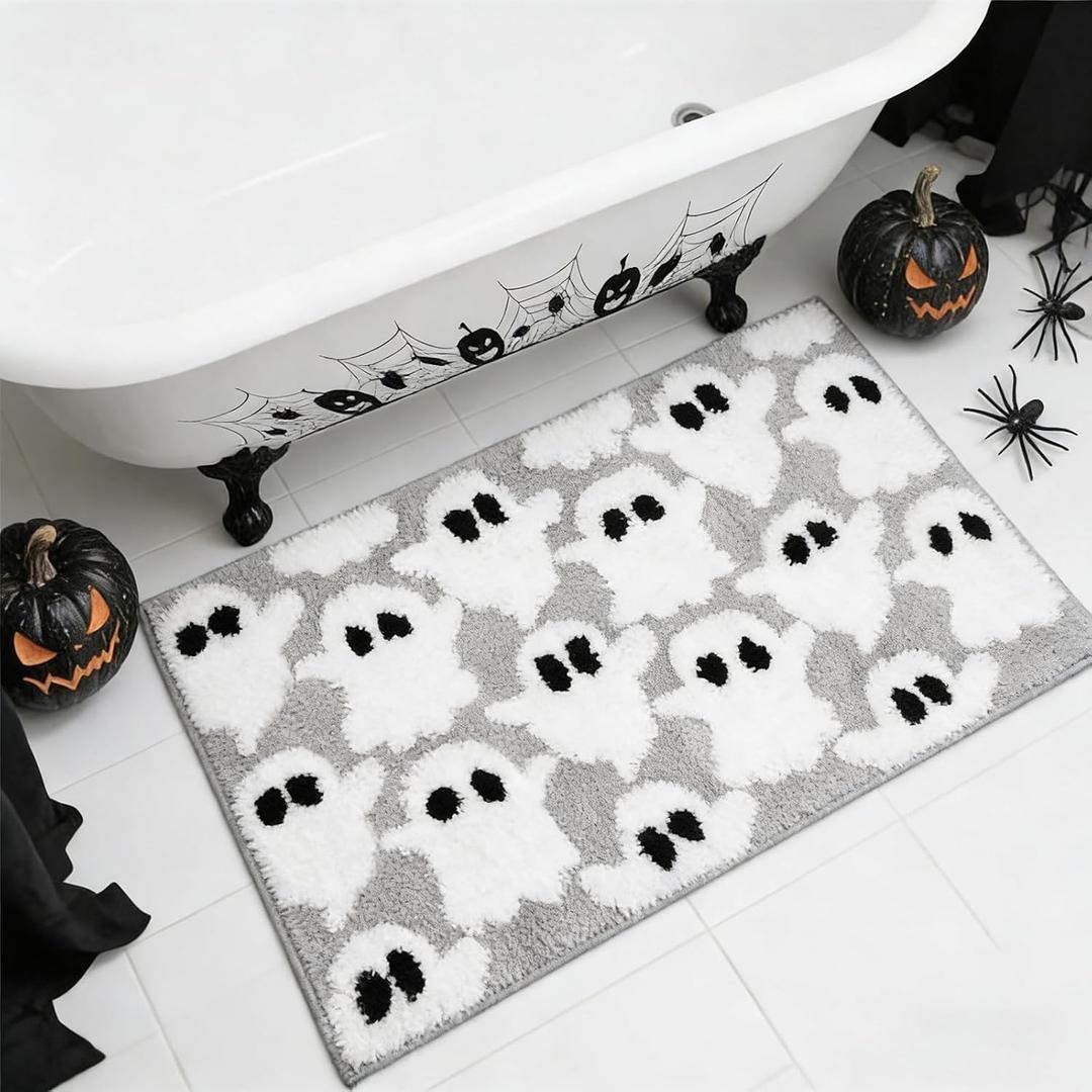 JarThenaAMCS Halloween Bathroom Rug 19.7 x 35.4 Inch Gray White Ghost Tufted Bath Mat Absorbent Non Slip Washable Shower Rug Front Door Mat for Home Bedroom Room