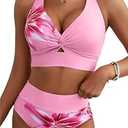 Herseas Women's High Waisted Bikini Sets Lily Print Twist Front Top Swimsuits Adjustable Shoulder Straps Full Coverage 2026 Summer Bathing Suits Fashionable Cruise Outfits Pink White Floral Medium