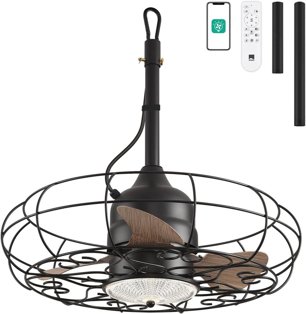 Orison Outdoor Ceiling Fans with Light, 21'' Wet Rated Outdoor Hanging Fan for Gazebo, Plug in Caged Lighting for Pergola Canopy, Hanging with Hook, 3 Color LED Light, Waterproof, 21IN