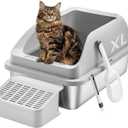 Feandrea Stainless Steel Cat Litter Box with Open Top, High Sided Litter Tray with Step, Scoop, Brush, for Cats up to 33 lb, Light Gray UPPT008GD01
