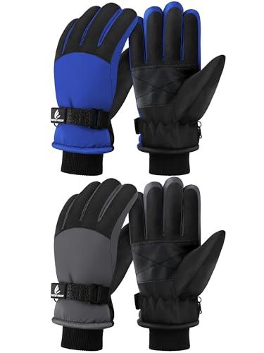 Wenouy 2 Pairs Kids Winter Gloves Waterproof Snow Ski Gloves for Boys Girls Warm Adjustable Accessories for Cold Weather Dark Blue, Dark Gray, 6-8 Years