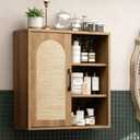 RUSTOWN Boho Rattan Wall Cabinet, Mid Century Bathroom Cabinet with Sliding Door, Adjustable Shelves, Over The Toilet Storage Cabinet (Rustic Oak), 58 cm x 60 cm x 20 cm