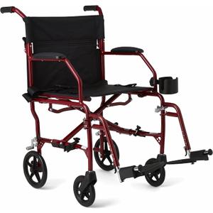 Medline Ultra Lightweight Transport Wheelchair for Adults, Foldable, 19-Inch Seat Width, Red Frame, Black Upholstery, Red