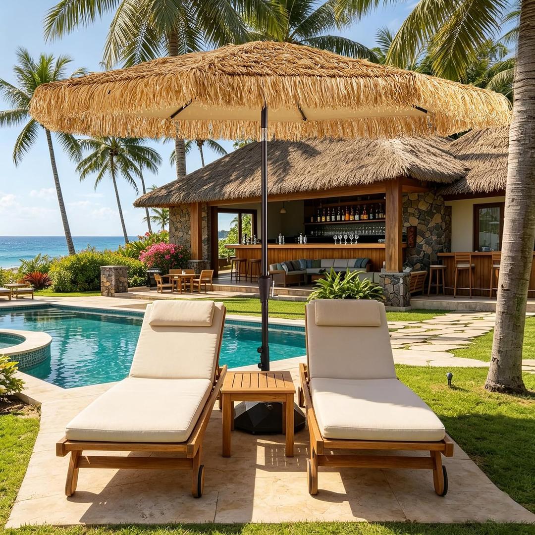 HOMSHADE 9ft Hula Thatched Hawaiian Style Tiki Umbrella with Crank & Tilt, UPF 50+ Nylon Thatch & 220GSM Polyester Canopy, 8 Heavy-Duty Steel Ribs for Outdoor, Patio, Beach, Pool, Backyard, Garden
