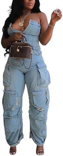 Tbahhir Women's Sexy Off Shoulder Tube Denim Cargo Jumpsuits Wide Leg Baggy Loose Jean Pants Rompers Overalls Medium