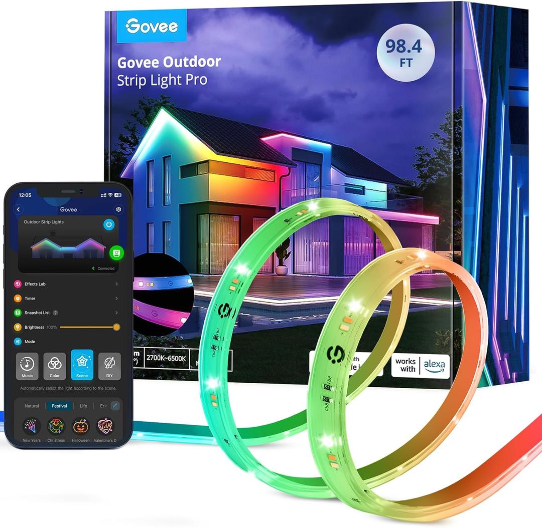 Govee Outdoor LED Strip Lights RGBIC with Warm and Cold White, 98.4ft 2.4G WiFi Smart Outdoor Lights, IP65 Waterproof, Work with Alexa and Google Assistant, App Control, for Porch, Patio, Eave, Party