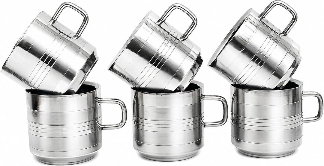 Small 4.5 oz Set of 6 Stainless Steel Double Walled Coffee & Tea Mugs with Handles, Unbreakable, Rust Proof Metal Cups for Camping, Hiking, Trekking, Travel, Outdoor Picnic, RV's, Dishwasher Safe