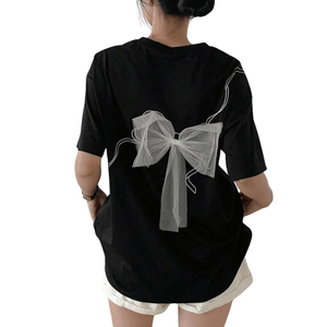 Women's Y2k Bow Graphic Tee Shirt Crew Neck Short Sleeve Summer Tops Streetwear, Size Small