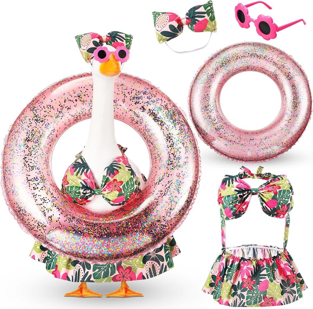 Bikini Porch Goose Outfits with Sunglasses and Swimming Tube for 23" Summer Goose Costume Garden Patio Statue Decor(Flower)