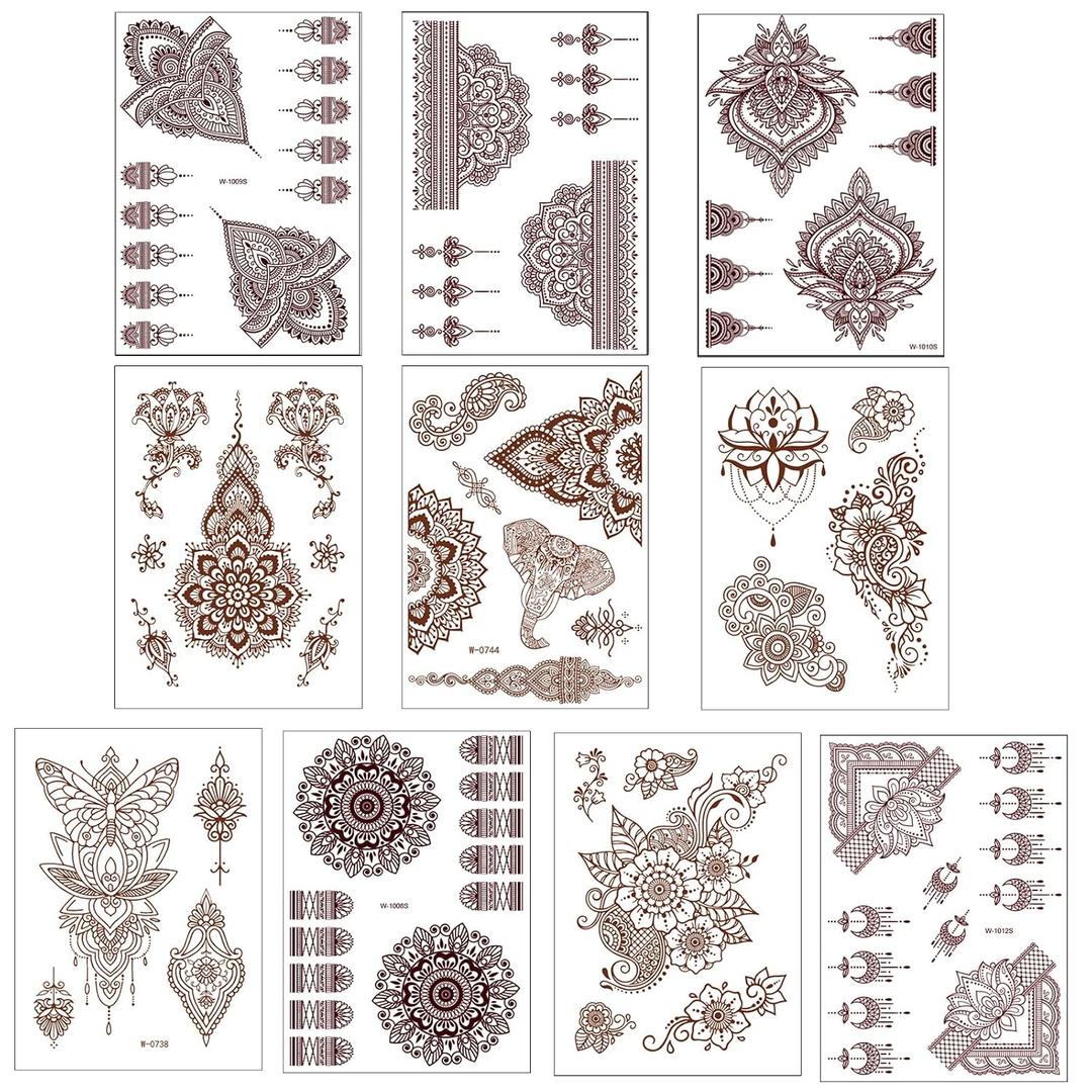 10 Pcs Henna Tattoo Kit Temporary Tattoo Adul Stickers Lace Pattern Fake Tattoos Henna Sticker for Women Girls DIY on Body Face Arms Legs Brown