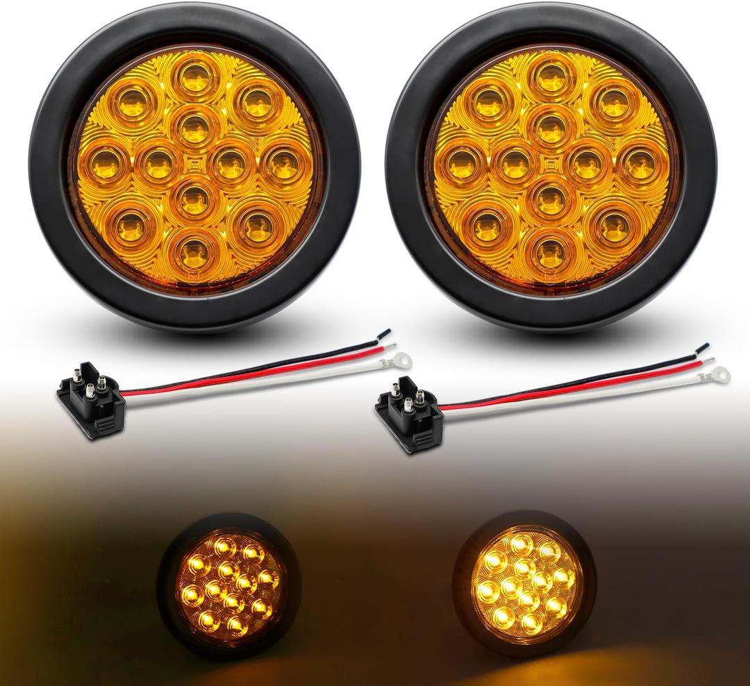TMH 2pcs 4 Inch 12 Super Bright LED Tail Turn Signal Indicator Light Marker Amber Assembly Rubber Mount Grommet for Trucks Trailers