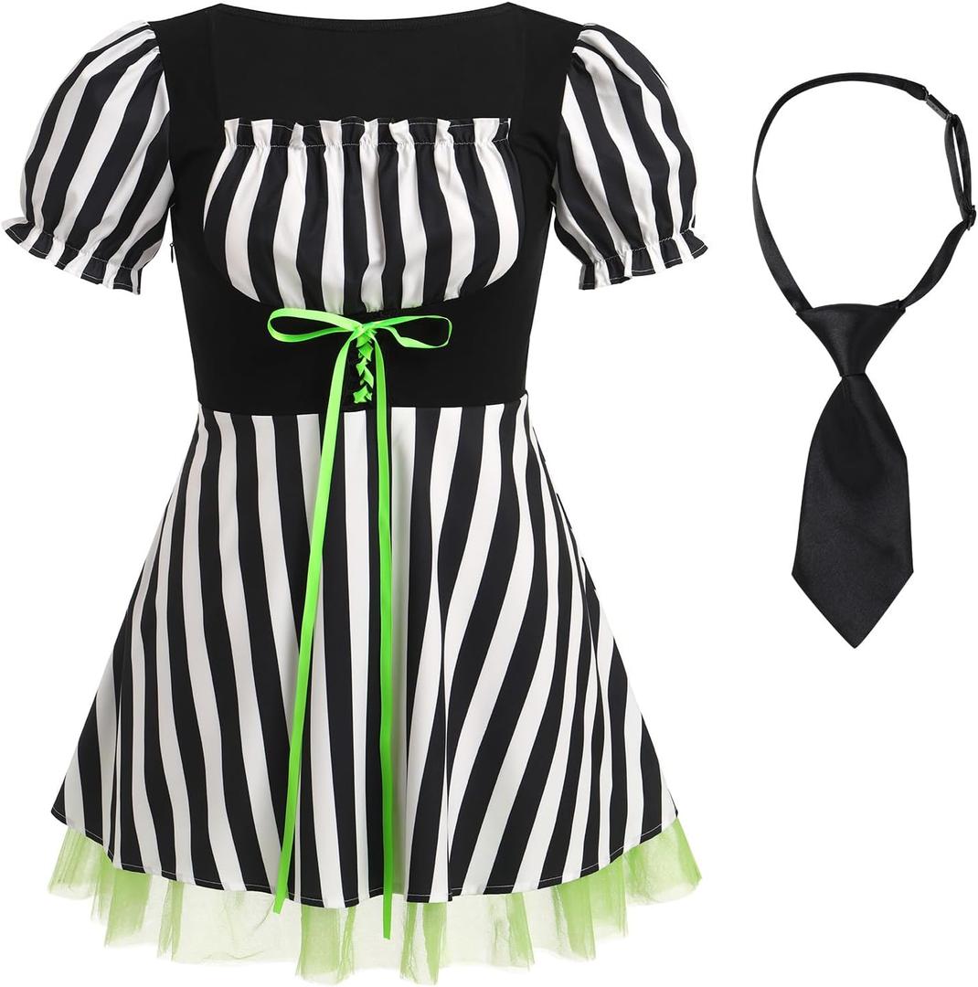 IBAKOM Women Cow Print Halloween Dress with Headpiece Bow Tie Red Plaid Puffy Sleeve Suspender Milk Maid Overall Dress (Black, XS)