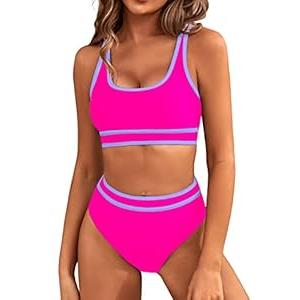 BMJL Women's High Waisted Bikini Sets Sporty Two Piece Swimsuits Color Block Cheeky High Cut Bathing Suits (M, Hot Pink)
