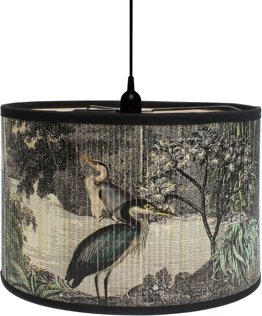 Retro Lamp Shade, E26/E27 11.8" x 7.9" Vintage Printed Art Deco Chandelier Cover Lampholder, Unique Drum Spider Japanese Tropical Funky Bird Decorative Bamboo Lampshade for Hanging Table Floor Light