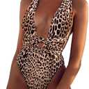Lilosy Sexy Tie Criss Cross Plunge One Piece Thong Swimsuit High Cut Brazilian Bathing Suit (Large, Leopard)