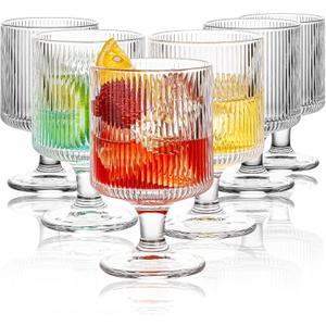 Vintage Wine Glasses Set of 6, 8 oz Origami Style Glass Water Goblets, Unique Embossed Pattern Stemmed Cocktail Glasses, Classic Goblet Party Glasses, Wine Glasses Goblets for Daily Use